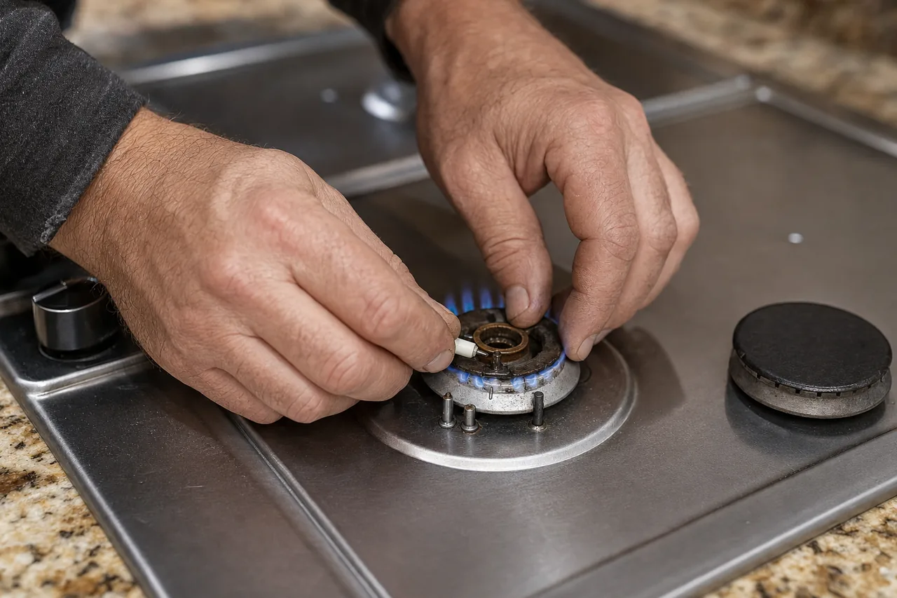 Technician adjusting a gas cooktop burner in a Westchester home