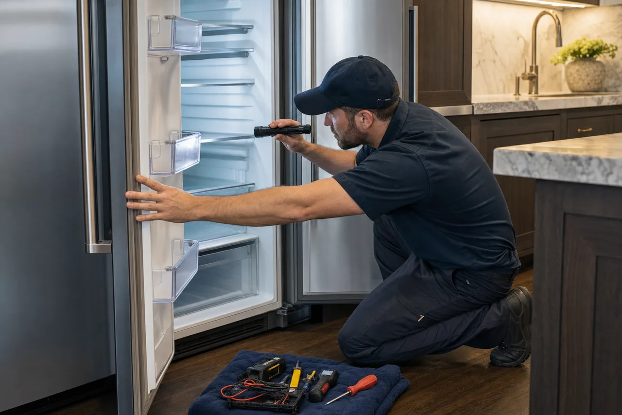 Technician repairing a built-in refrigerator up close