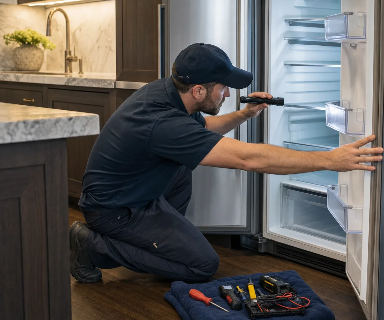 Technician repairing a built-in refrigerator up close