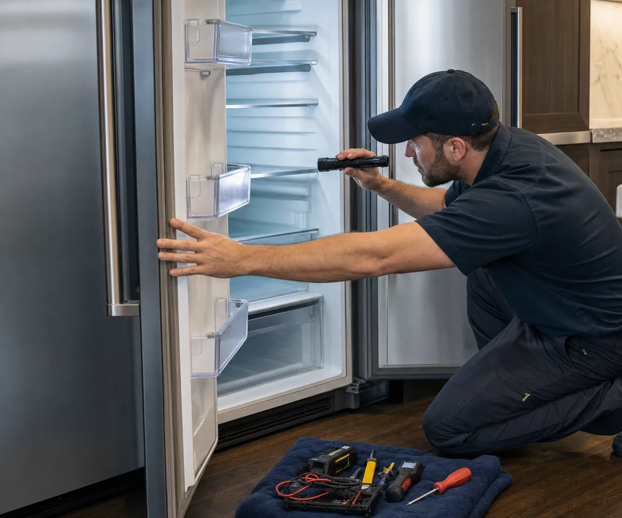 Technician repairing a built-in refrigerator in a Westchester home