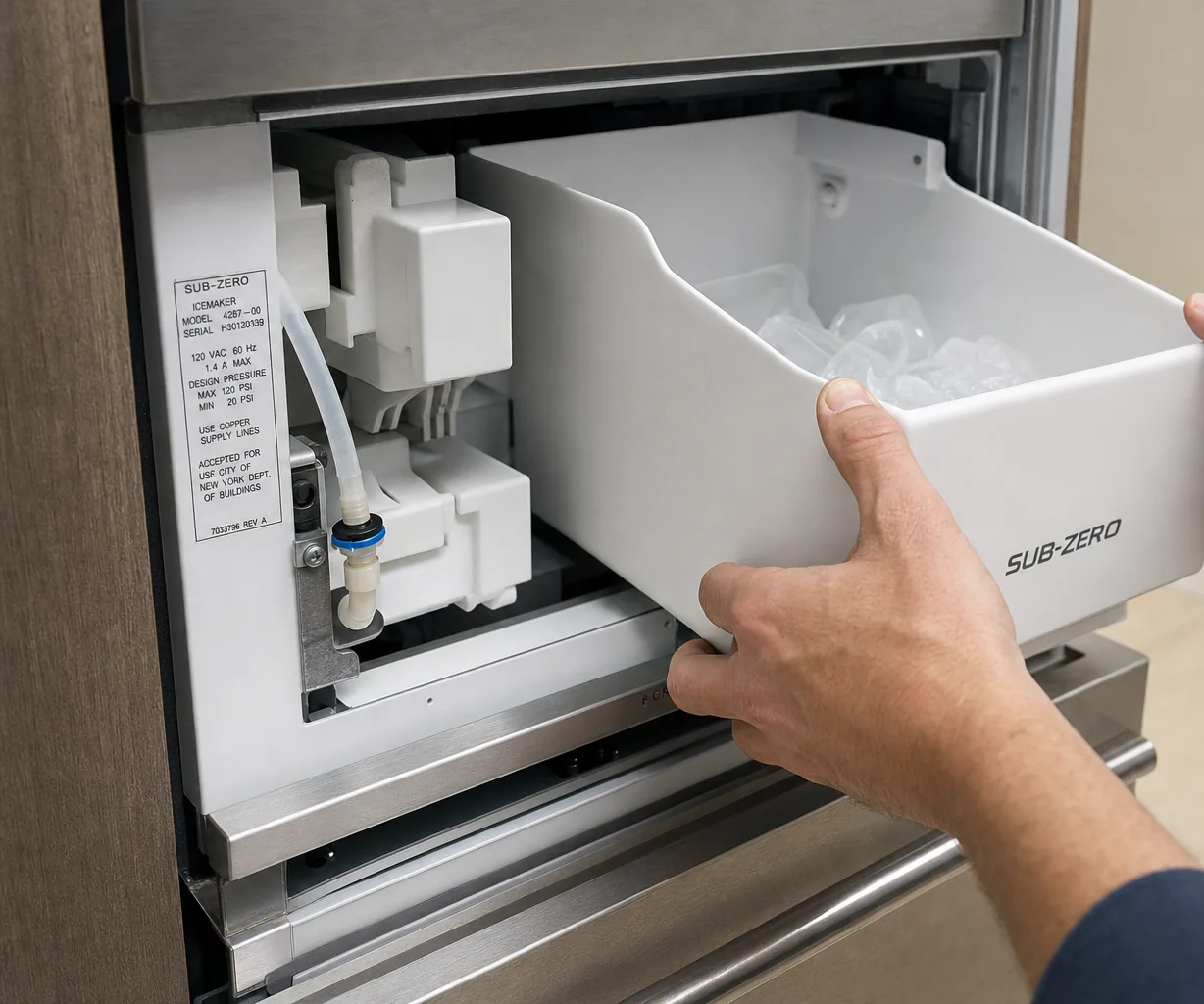 Technician servicing a built-in ice maker in a Westchester home