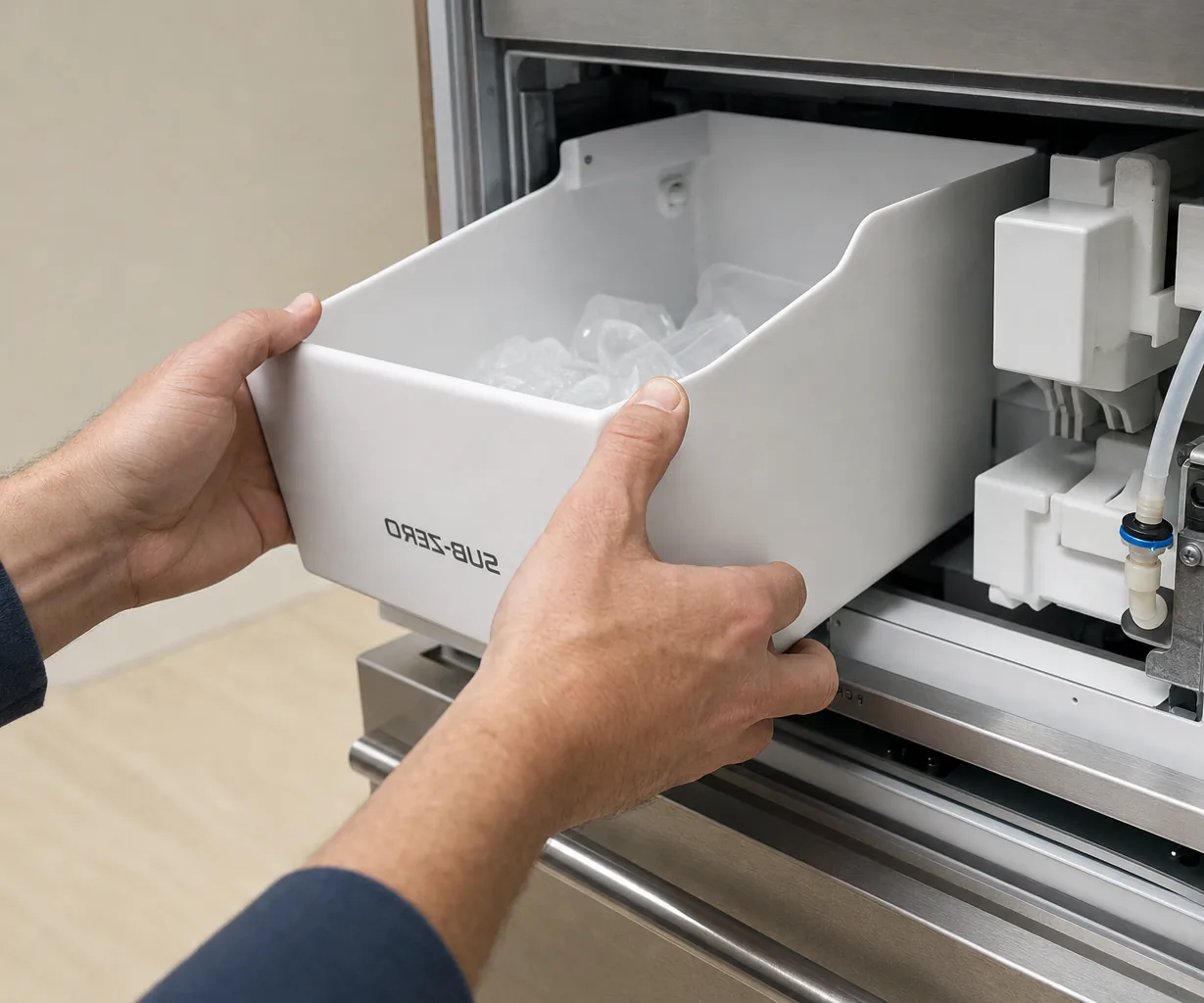 Technician servicing a built-in ice maker mid-repair