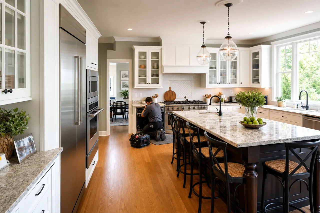 A luxury kitchen with built-in stainless appliances in a Westchester home