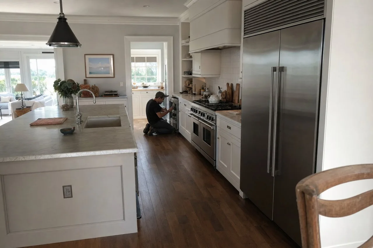 A luxury Rye kitchen with built-in Sub-Zero and Wolf appliances mid-repair