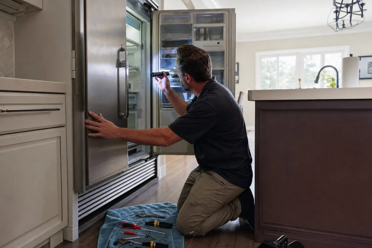 Technician repairing a built-in Sub-Zero refrigerator in a Westchester home