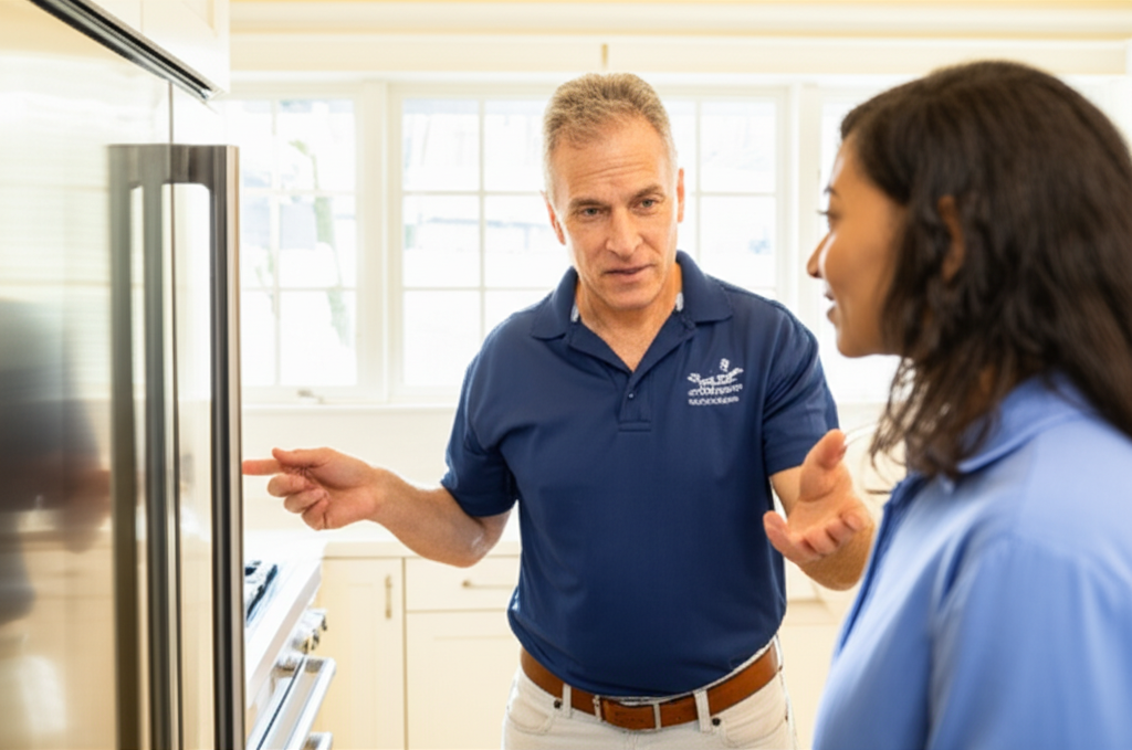 Technician consulting with customer about appliance repair