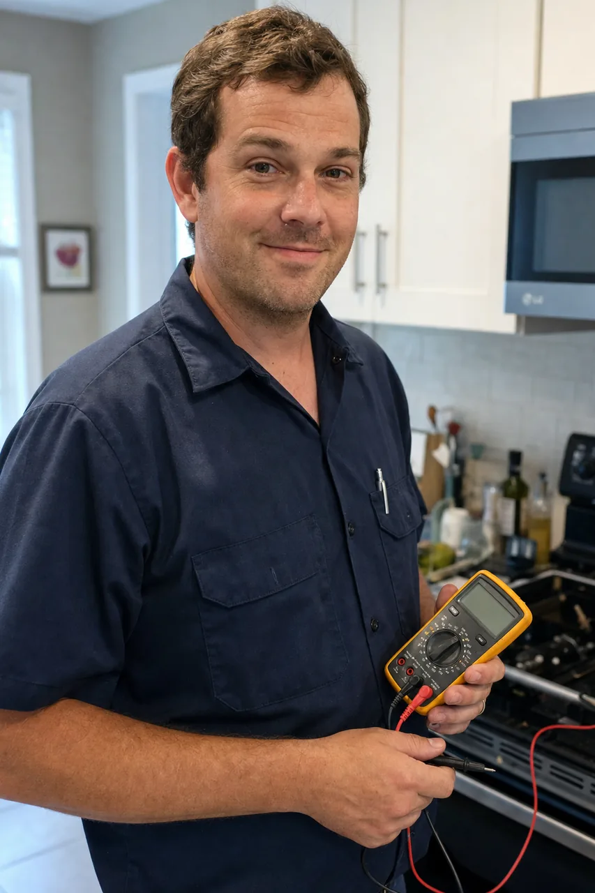 An appliance repair technician in a Rye kitchen holding a multimeter