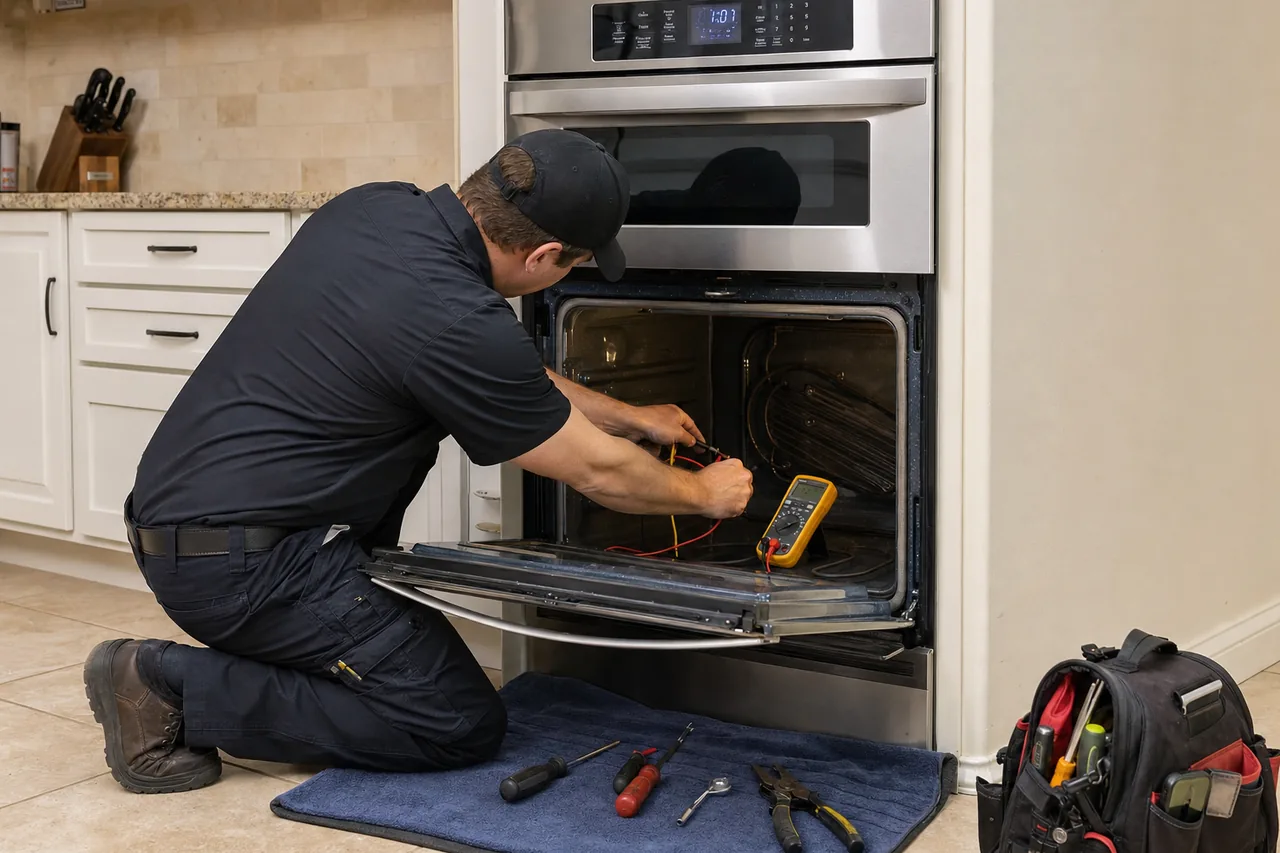 Technician servicing a built-in wall oven