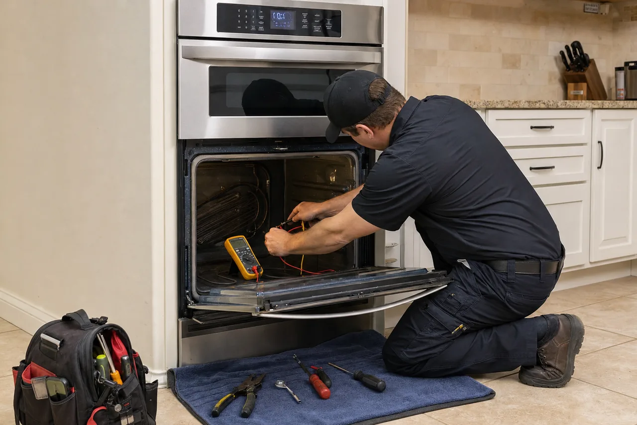 Technician servicing a built-in wall oven in a Westchester home