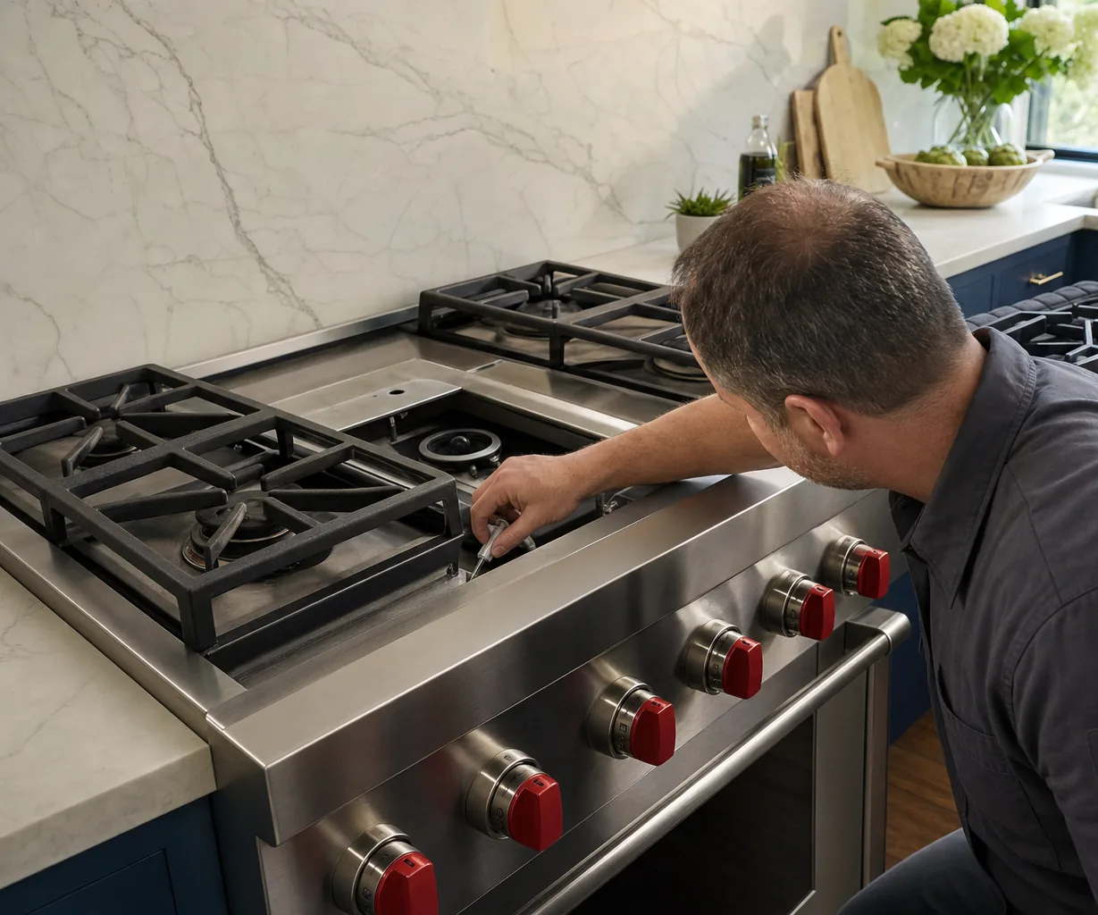Technician servicing a stainless Wolf range